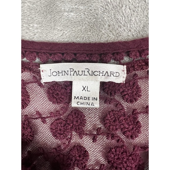 John Paul Richard Womens Red Velvet Mosaic Knit Top Long Sleeve XL Lace - Picture 2 of 5